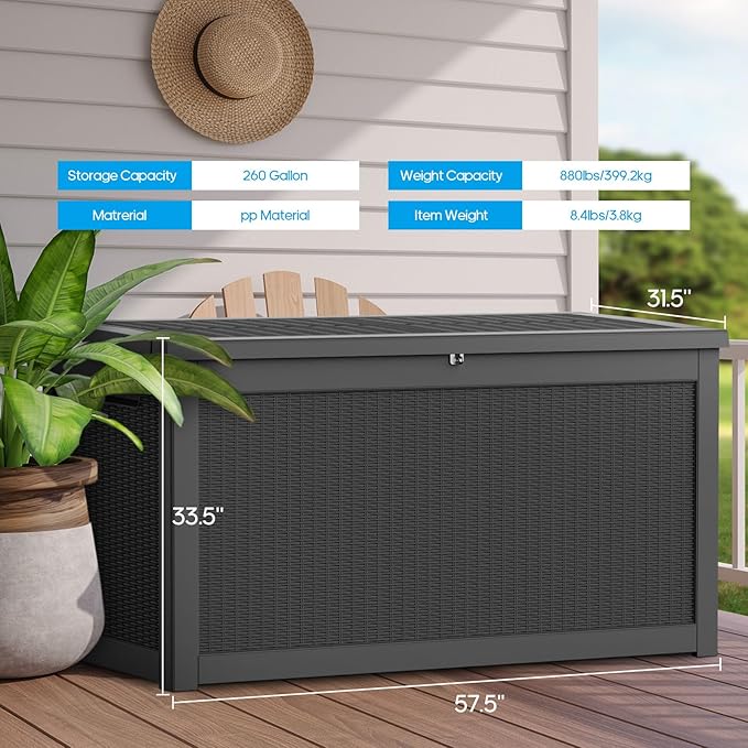 Large Deck Box 260 Gallon, Resin Patio Storage Box with Lockable Lid for Patio Furniture, Garden Tools, Pool Accessories, Weatherproof Outdoor Storage Bin, Black-Ruum Studio Home