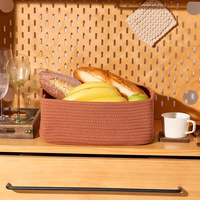 Small Storage Baskets for Organizing | Closet Organizer Bins | Shelf Toy Basket | Woven Rope Baskets | Cube Decorative Box | Shallow Basket | 13x8.5x5.1” | 3 Packs Oxide Red-Ruum Studio Home