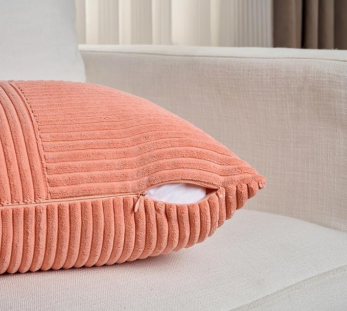 Fancy Homi 2 Packs Coral Samll Decorative Throw Pillow Covers 14x14 Inch with for Couch Bed Sofa, Rustic Farmhouse Boho Home Decor, Soft Corss Patchwork Corduroy Square Peach Cushion Case 35x35 cm-Ruum Studio Home