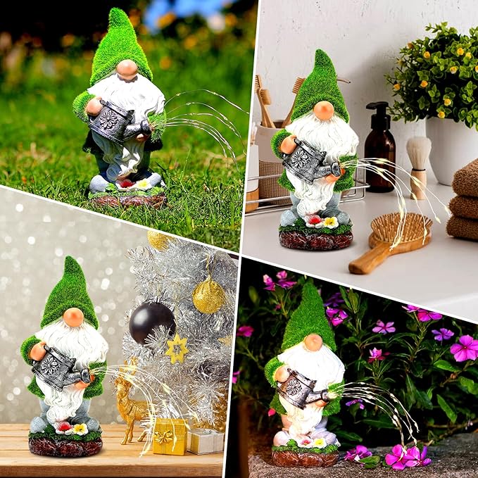 Flocked Solar Garden Gnomes Outdoor Statues-11.8‘’Outdoor Garden Decor-LED Outdoor Decor Light-Unique Housewarming Gifts Yard Art Sculptures for Patio Lawn Ornaments-Ruum Studio Home