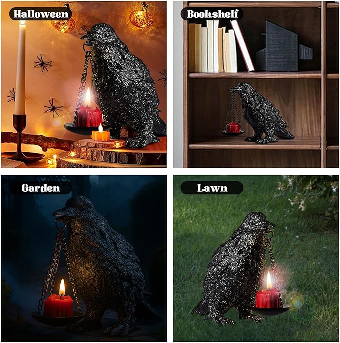Gothic Crow Lamp Tealight Candle Holder Raven Statue for Indoor Outdoor Decor Halloween Garden Resin Statue Black Stone-Ruum Studio Home