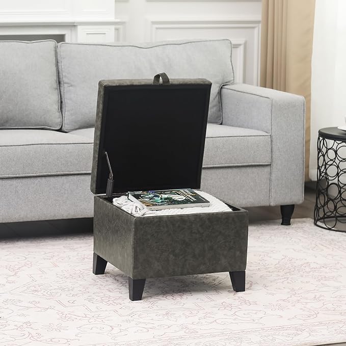 Adeco Faux Leather Storage Ottoman Bench with Wood Legs, 17.7" Square Mixed Grey PU Cube Foot Stool, Upholstered Button Tufted Vanity Chair with Hinged Lid for Living Room, Bedroom, Dorm-Ruum Studio Home