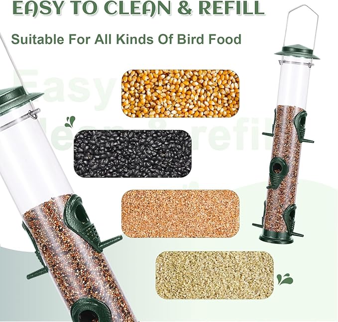MIXXIDEA 1PK Metal Bird Feeders with 6 Feeding Ports,Tube Bird Feeder with Steel Hanger,Hard Plastic Wild Bird Feeder for Outdoors Hanging, Attracting Birds in Your Lawn, Garden, Balcony–Green-Ruum Studio Home