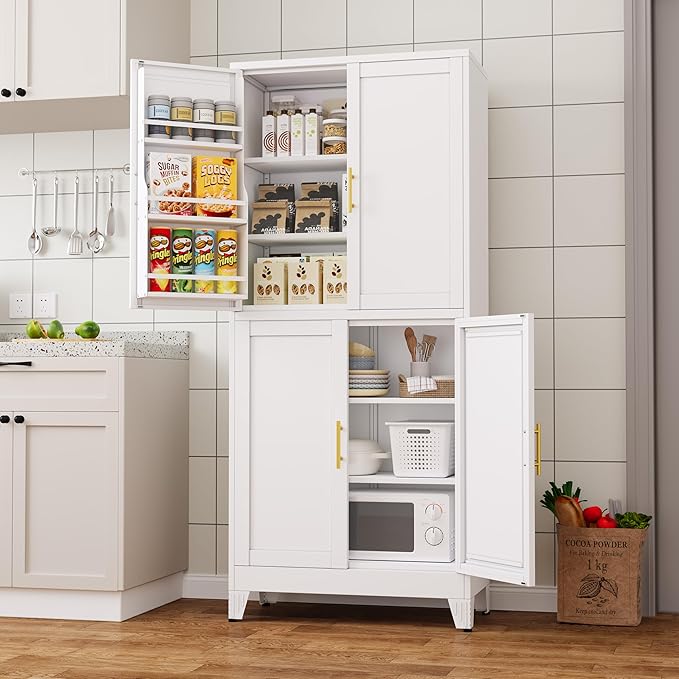 74.8" Tall Metal Food Cabinet, White Kitchen Pantry Cabinet, Storage Cabinets with 4 Door and 4 Adjustable Shelves, Steel Freestanding Cupboard for Kitchen Dining Room Living Room Bathroom-Ruum Studio Home