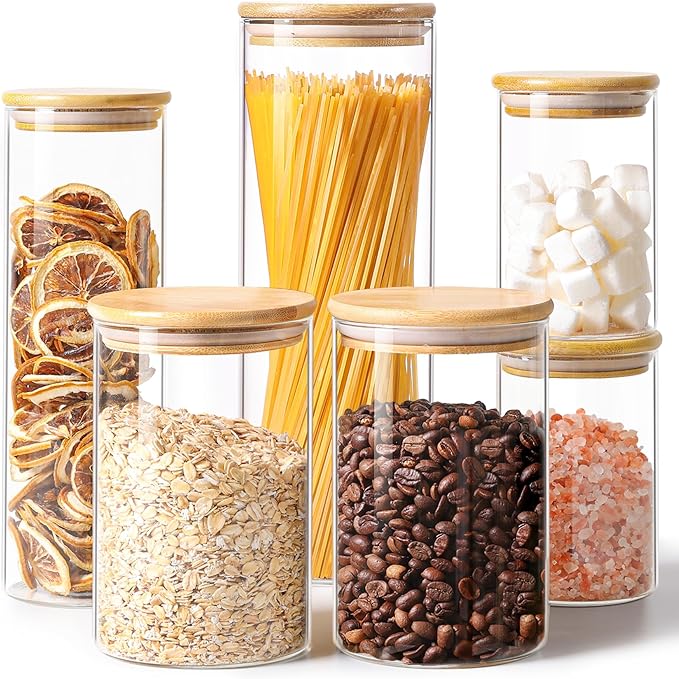 ComSaf Glass Food Storage Jars Set of 6, Clear Glass Storage Containers with Lids, Canisters Sets for the kitchen, Spaghetti, Pasta, Flour, Nuts, Oat, Coffee and Sugar Container, Pantry Organization-Ruum Studio Home