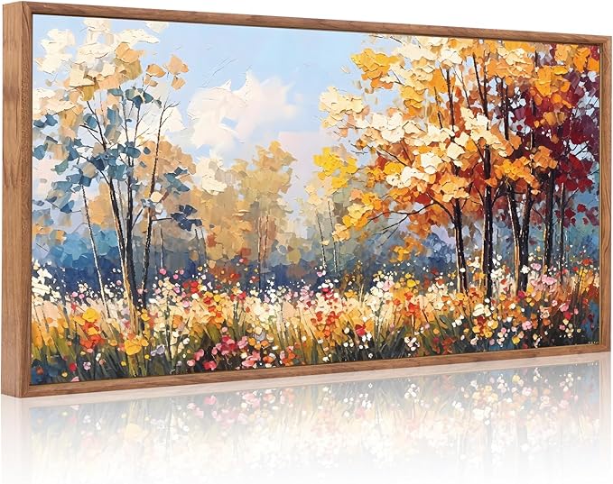 Aurlan Forest Wildflowers Landscape Hand Painted Framed Wall Decor(40"x20"), Vintage Nature Yellow Leaves Scenery 3D Textured Canvas Oil Painting, Classical Watercolor Floral Wall Art for Living Room Bedroom-Ruum Studio Home