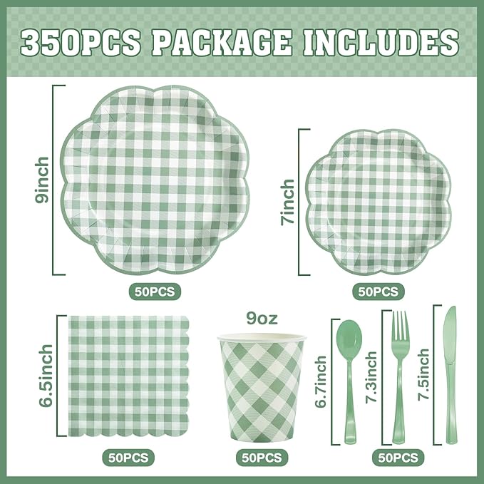 350 Pcs Sage Green Gingham Paper Plates and Napkins Party Supplies - Sage Green and White Checkered Plates Scalloped Plaid Plate for Birthday Dinner Picnic BBQ Party Decorations, Serve 50 Guests-Ruum Studio Home