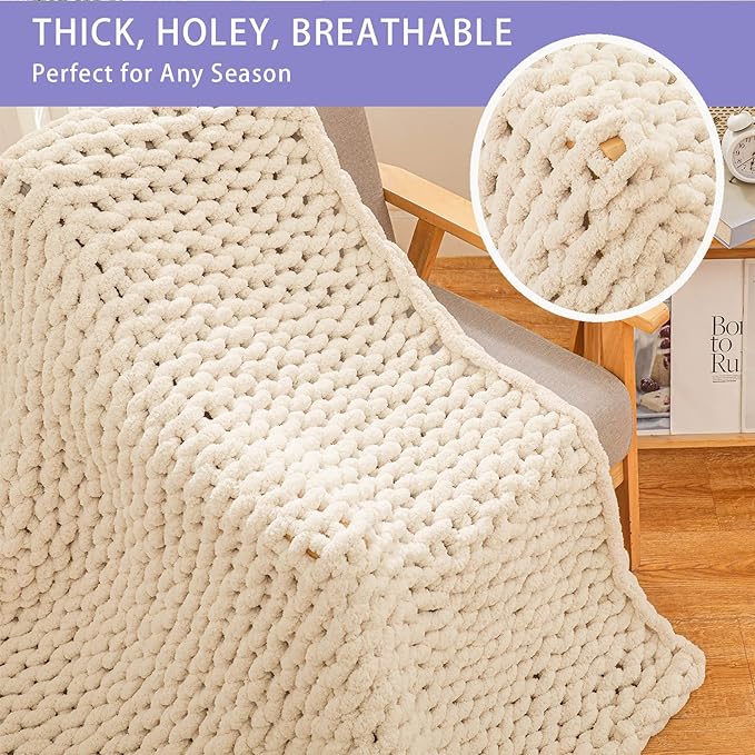 Bigacogo Chunky Knit Throw Blanket for Couch, 40x60 inches, 100% Hand Knitted with Thick Jumbo Chenille Yarn, Cozy Soft Large Rope Knot Cable Crochet Blankets for Sofa Bed Living Room, Beige-Ruum Studio Home
