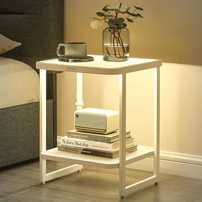 VASAGLE End Table, 2-Tier Side Table with LED Lights, Modern Nightstand, Square Bedside Table, Frosted Glass, Bottom Shelf, for Bedroom, Cloud White and Pearl White ULET232W01-Ruum Studio Home