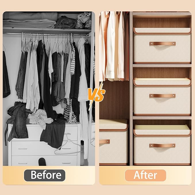 Tuza 4 Pack Storage Bins with Lids, Collapsible Closet Organizer Container, Fabric Organizer Box with Handles, Decorative Storage Boxes with Lids for Organizing Clothes, Books, File, White, Medium-Ruum Studio Home