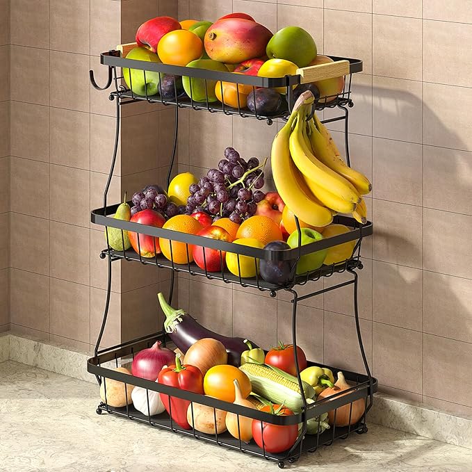 3 Tier Fruit Basket for Kitchen Counter with 2 Mobile Banana Hangers, 2025 Pro Detachable Metal Fruit Bowl with Wooden Handle, Fruit Holder for Bread Snack Veggies with Protective Mats-Ruum Studio Home