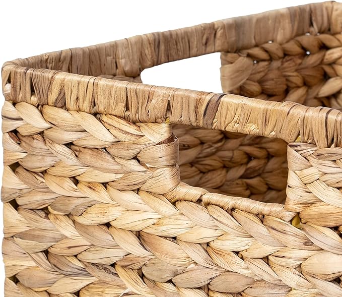 Large 14.5” x 13.5” x 8” (Set of 3) Natural Water Hyacinth Woven Storage Baskets, Rectangular Wicker Basket with Built-in Handles, Large (Natural)-Ruum Studio Home