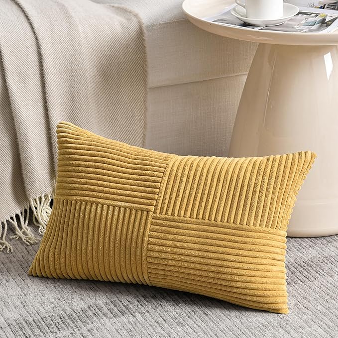 Fancy Homi 2 Packs Mustard Yellow Long Lumbar Decorative Throw Pillow Covers 12x24 Inch for Couch Bed, Rustic Farmhouse Boho Home Decor, Soft Striped Corduroy Rectangle Accent Cushion Case 30x60 cm-Ruum Studio Home
