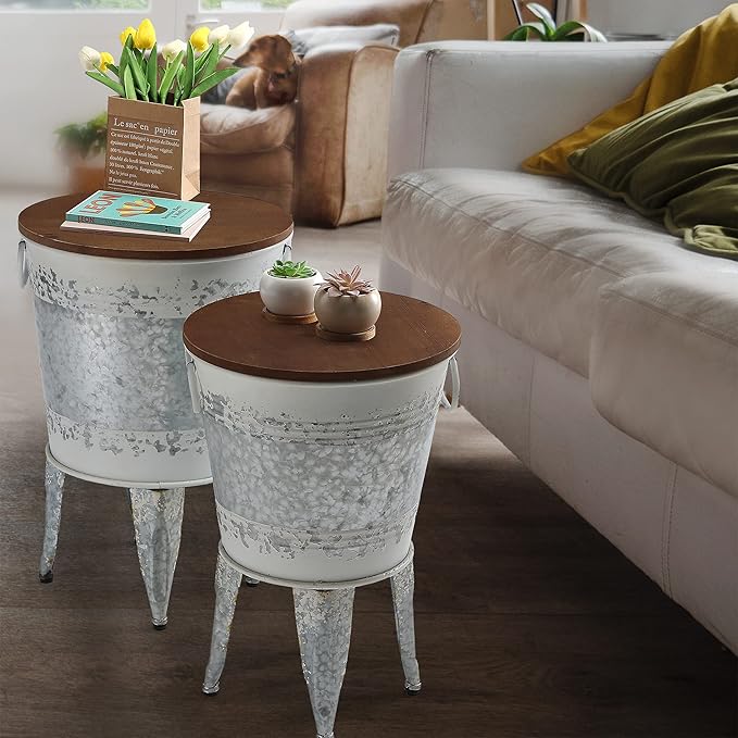 Rustic Storage Farmhouse Accent Side Table, Antique Galvanized Metal End Coffee Cocktail Table Box Bin with Round Wooden Lid Set of 2 (Distressed White)-Ruum Studio Home