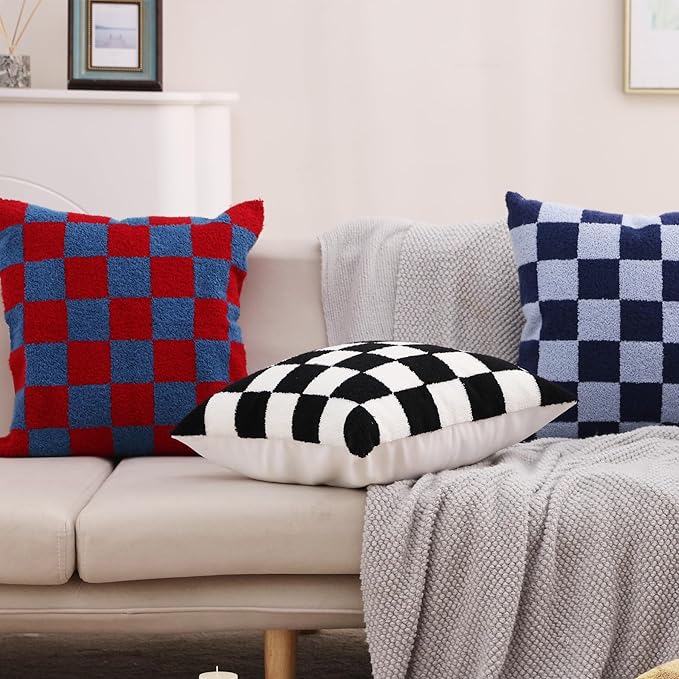 Alysheer Checkered Embroidered Decorative Throw Pillow Covers 18"x 18" Set of 2, Classic Chic Red Blue Plaid Tufted Patterned Cotton Canvas Cushion Case for Sofa Couch Bed Living Room-Ruum Studio Home
