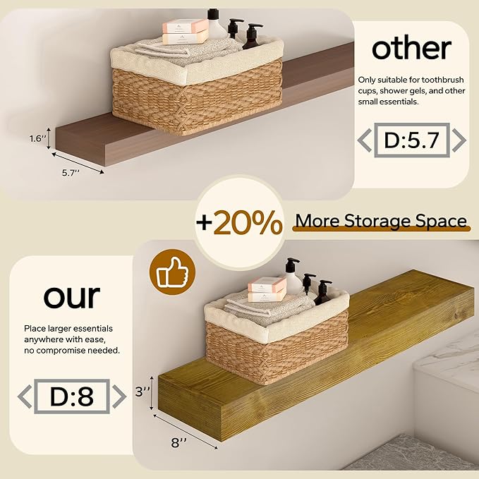 Floating Shelves 3 inch Thick for Wall Set of 2,Solid Pine Wood Wall Mount Shelf for Kitchen Living Room Bedroom Bathroom,8" D x 60" L x 3" H-Gold Oak-Ruum Studio Home