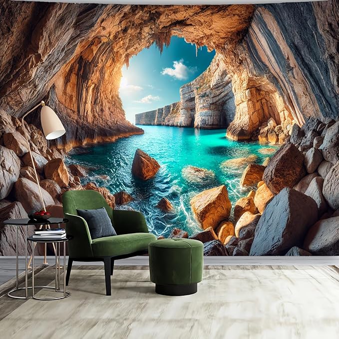 BSFHH Nature Tapestry Forest Tree Sea Cave Wall Hanging, Stream Through Rainforest Landscape Wall Art Tapestry for Bedroom Living room (Cave Sea View, 90"×70", Unframed)-Ruum Studio Home