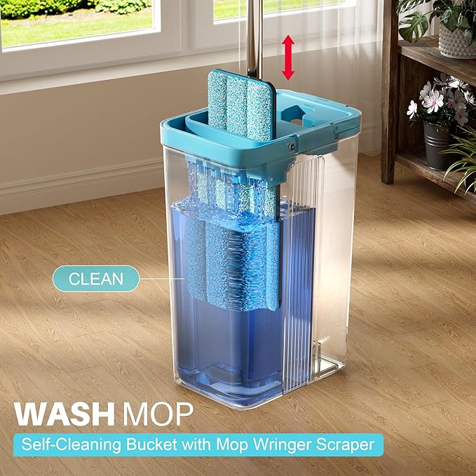 JOYMOOP Mop and Bucket Set with Wringer, Mops for Floor Cleaning, Wall Mop Cleaner with Long Handle, with 6 Reusable Microfiber Mop Pads - Grey+Cyan Blue-Ruum Studio Home