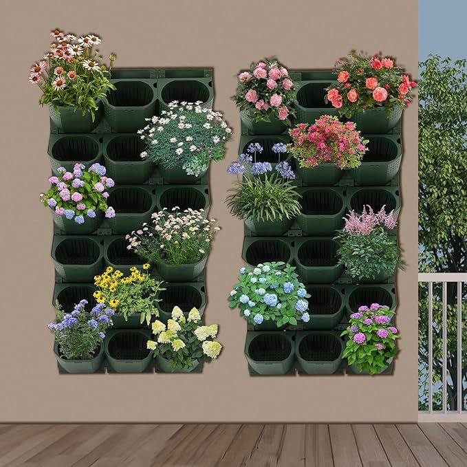12Pieces 3-Pot Wall Planter Vertical Garden Plant Walls Wall Mounted Vertical Planter with Water-Storage Layer Stackable Wall-Mounted Flower Pot for Gardens, Balconies 180.78lbs Total Capacity (Green)-Ruum Studio Home
