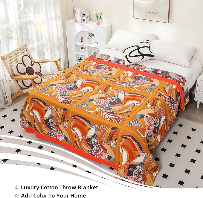 Boho Large Throw Blanket, 100% Organic Muslin Cotton Breathable Soft Bed Throw - Floral Bird Farmhouse Decor Blanket for Sofa Couch Chair Quilt and Gift. 80" x 90"- Colorful-Ruum Studio Home