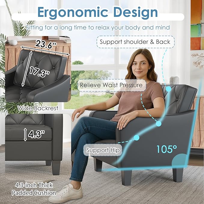 STHOUYN Living Room Chairs Black Leather Accent Chairs Set of 2, Waiting Room Arm Chairs, Reading Chairs for Bedroom Comfy Club Chair Tufted, Office Small Space (2, Black)-Ruum Studio Home