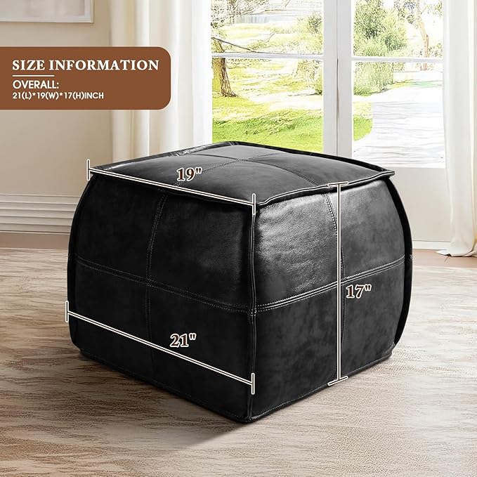 Leather Ottoman,Handmade Stuffed Square Ottoman,Genuine Leather Pouf, Foot Rest Pouf,Comfortable Soft Seating for Living Room & Bedroom (Black, Square)-Ruum Studio Home