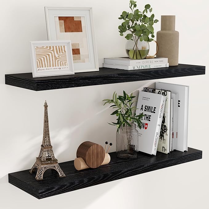 40 Inch Floating Shelves Black, 40" W x 9" D Floating Shelf Set of 2, Farmhouse Wood Wall Shelves for Bedroom, Kitchen, Wall Mounted Deep Shelving for Home Decor-Ruum Studio Home