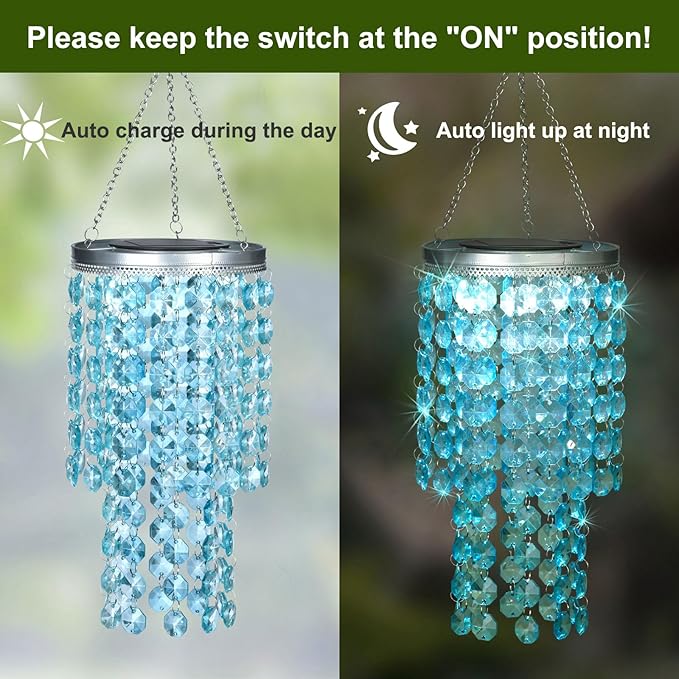 Hanging Solar Lantern Outdoor, 2 Tiers 21” Solar Blue Acrylic Beaded Chandelier with Cool White LED S Hooks for Garden Yard Patio Gazebo Outside Decor-Ruum Studio Home
