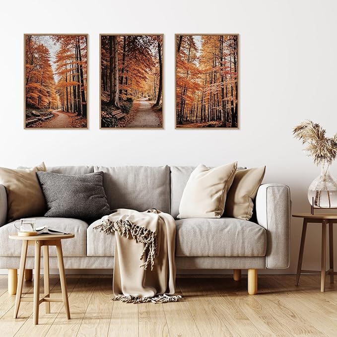 HLNIUC Autumn Forest Framed Canvas Wall Art,Fall Nature Pictures Wall Decor Set of 3(16”x24”) Large Maple Trees Trail Scenery Wall Painting,Modern Fall Landscape Art Print for Living Room,Bedroom-Ruum Studio Home