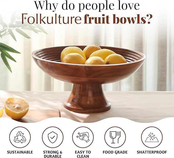 Folkulture Wooden Fruit Bowl for Kitchen Counter | 12" Large Premium Eco Friendly Banana Fruit Basket for Kitchen | Acacia Wood Bowl with Holder, Pedestal for Table Decor, Centerpiece for Dining Table-Ruum Studio Home