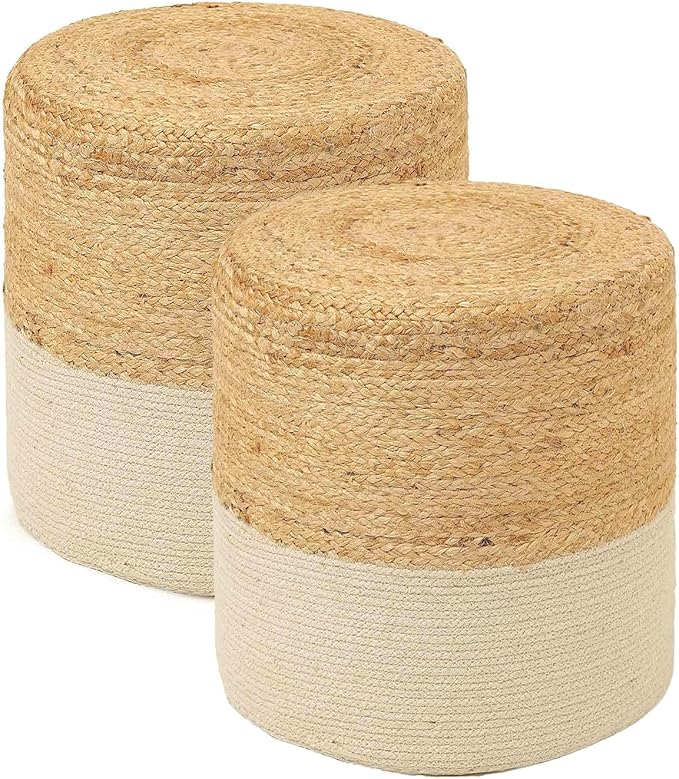 REDEARTH · Cylindrical Pouf Foot Stool Ottoman - Jute Braided Accent Sitting Footrest for The Living Room, Bedroom, Nursery, Patio, Lounge Set of 2 (14.5”x14.5”x16”; Natural Ivory)-Ruum Studio Home