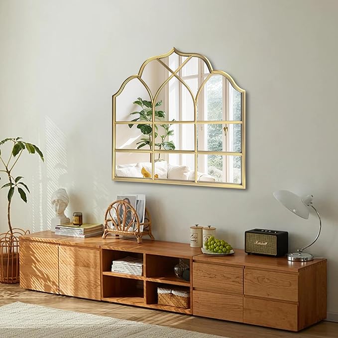 Window Mirror Pane Scalloped, Wide Arched Gold Mirrors Decorative, Cathedral Arch Wall Decor with Metal Windowpane Grid for Mantle Entryway Fireplace Hallway Living Room-Ruum Studio Home