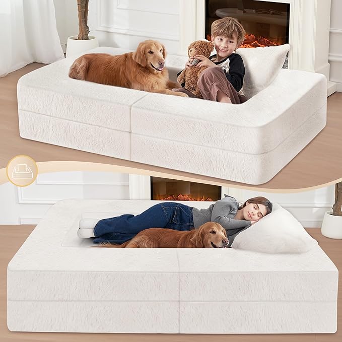 Folding Bean Bag Chair for Adults,3-in-1 Bean Bag Couch Faux Fur Floor Sofa Large Beanbag Convertible Bean Bag Sofa Bed with Pillow in Bedroom,Living Room,Apartment(Twin,Milky White)-Ruum Studio Home