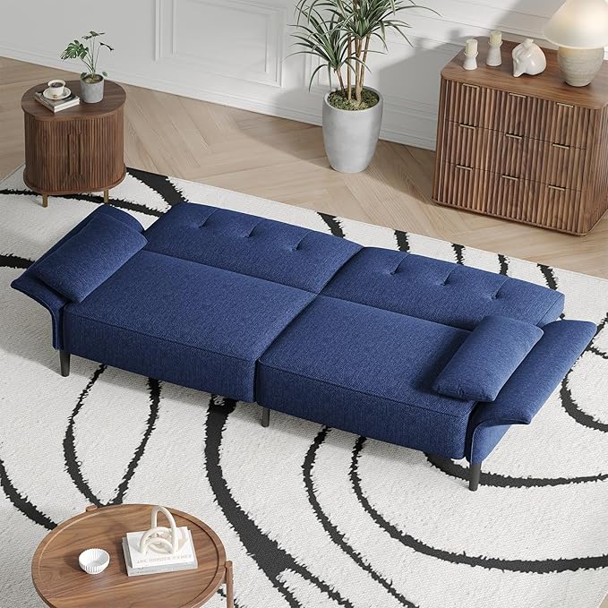 89” Futon Sofa Bed, Linen Comfy Futon Couch Bed with 2 Square Pillows, Convertible Sleeper Sofa with Adjustable Backrest& Armrests, Modern Loveseat Sleeper for Living Room, Bedroom, Blue-Ruum Studio Home
