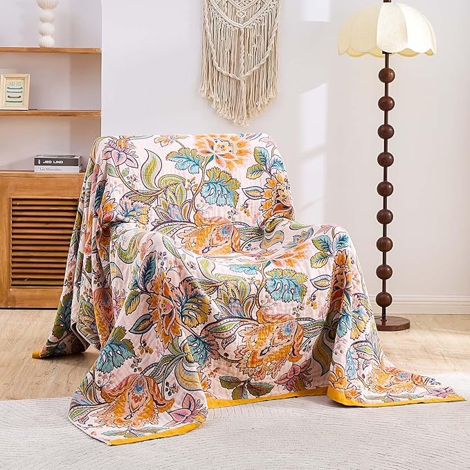 Boho Throw Blanket for Bed, 100% Cotton Soft Rustic Quilt Fall Blanket, 50"x60" Floral Printed Farmhouse Decor Bed Blankets, All Season Rustic Reversible Bohemian Throw Quilt-Ruum Studio Home