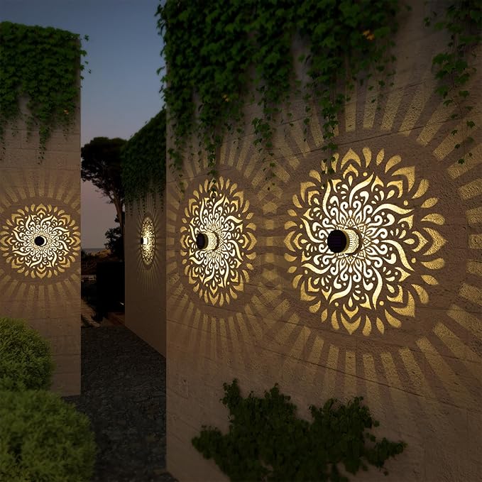 2 Pack Solar Fence Lights Metal Solar Powered Outdoor Deck Step Wall Lights Mandala Theme Waterproof Fence Light for Garden Post Patio Backyard Yard Decor (2 Pack)-Ruum Studio Home