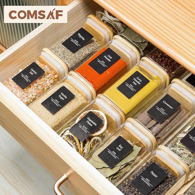 ComSaf 12Pcs Glass Spice Jars with Bamboo Lid, 8oz Airtight Square Containers with 275 Black Lables, Empty Seasoning Jars for Spice Salt Sugar-Ruum Studio Home