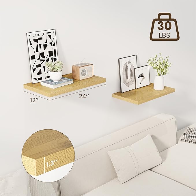 24" Floating Shelves for Wall, 12" Deep Slim Oak Floating Shelves, Wall-Mounted Shelves for Bedroom, Living Room, Kitchen, Bathroom - Set of 2-Ruum Studio Home
