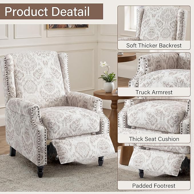 UIXE Recliner Chair, Fabric Upholstered Armchair Pushback Accent Chair for Living Room, Floral Rivet Trim Club Chair Home Theater Single Sofa Reading Seat - Beige Pattern-Ruum Studio Home