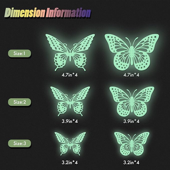 SAOROPEB Glow in The Dark 3D Butterfly 24 Pcs 3 Sizes, Luminous Butterfly Stickers for Ceiling or Wall, Glow in The Dark Party Supplies, Removable Luminous Stickers for Kids Babys Nursery (Green)-Ruum Studio Home
