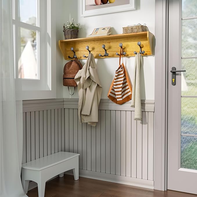 SKOLOO Wall Shelf with Hooks, 24-Inch Brown Coat Rack Wall Mount with Shelf Organizer - Lightweight & Sturdy, 5 Tri Hooks - Perfect for Entryway, Hallway, Living Room, Bedroom, Mudroom-Ruum Studio Home
