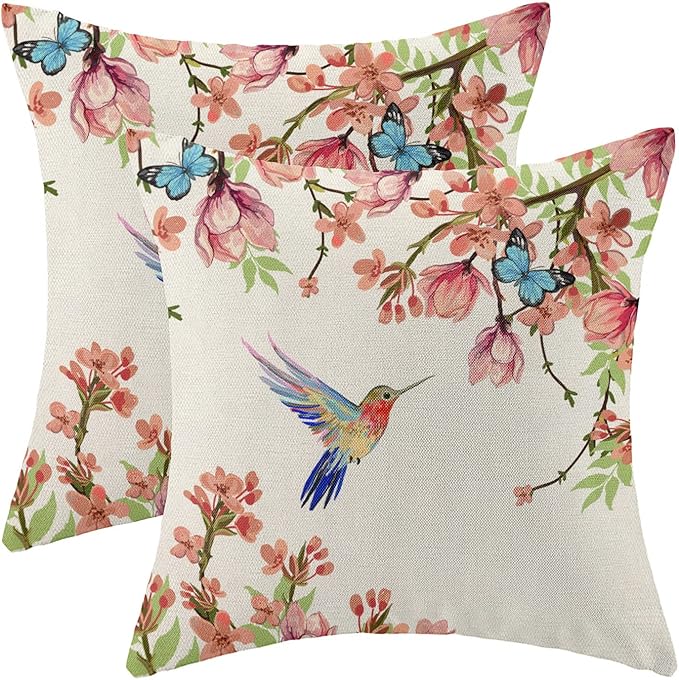 Hummingbird Flower Pillow Covers 20 x 20 Inch Set of 2 for Watercolor Floral and Birds Spring Blooming Decor Throw Pillows Nature Plant Outdoor Decorative Cushion Cases for Couch Bed Decoration-Ruum Studio Home