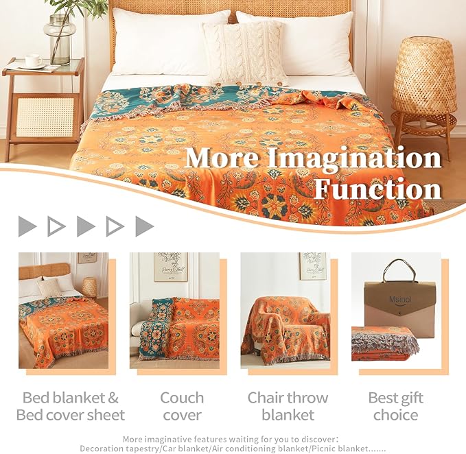Colorful Throw Blanket 80"x90" Pure Cotton Luxury Throw Rustic Quilt Floral Pattern Home Decor Orange Blanket Lightweight Picnic Blanket(80"x90",04-Garland)-Ruum Studio Home