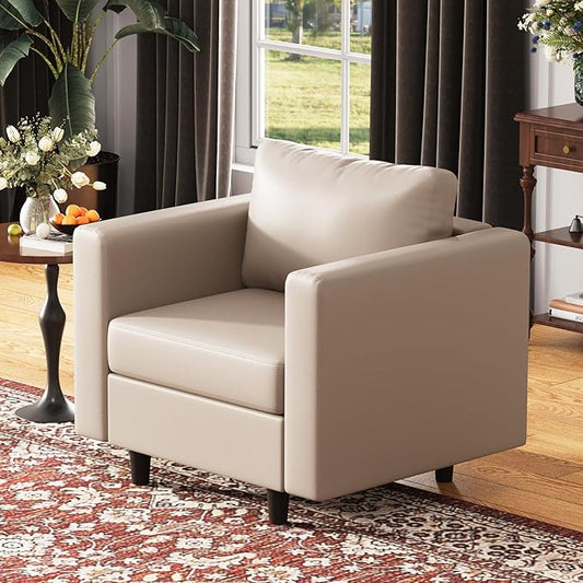 ABCASA Faux Leather Single Sofa, Modern Accent Chair Whitesand with Storage Deep Seat Large Reading Armchair for Living Room Bedroom Office-Ruum Studio Home