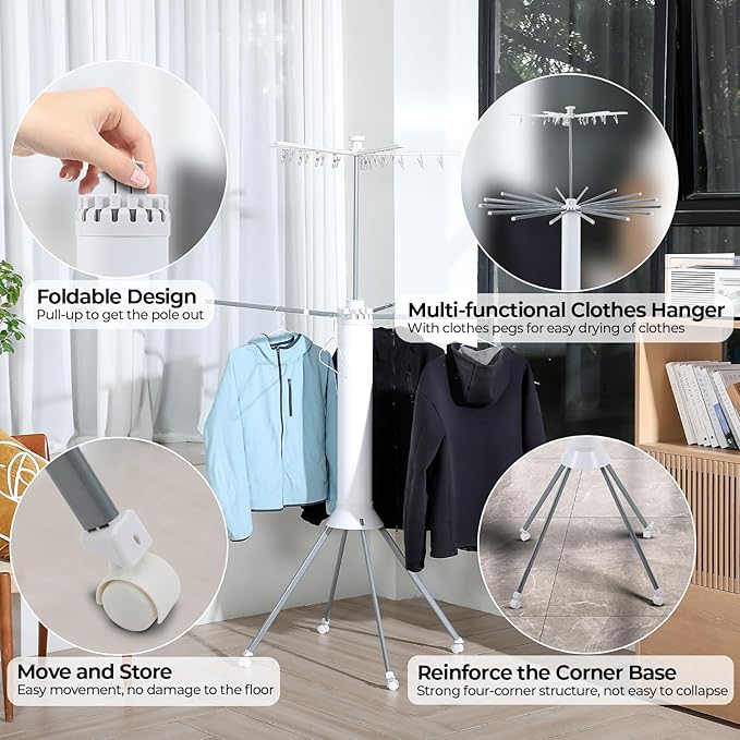 4-Legged Clothes Drying Rack Foldable,Octopus-Shaped Portable Laundry Drying Rack,Outdoor and Indoor Collapsible Drying Rack with 4 Pulleys,2 Tier-Ruum Studio Home