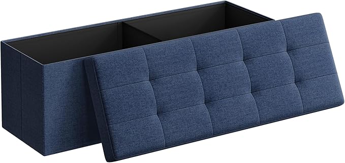 SONGMICS MAZIE Collection - 43 Inches Folding Storage Ottoman Bench, Ottoman Foot Rest, End of Bed Bench, Storage Chest, Load 660 lb, for Living Room, Bedroom, Entryway, Midnight Blue ULSF77IN-Ruum Studio Home