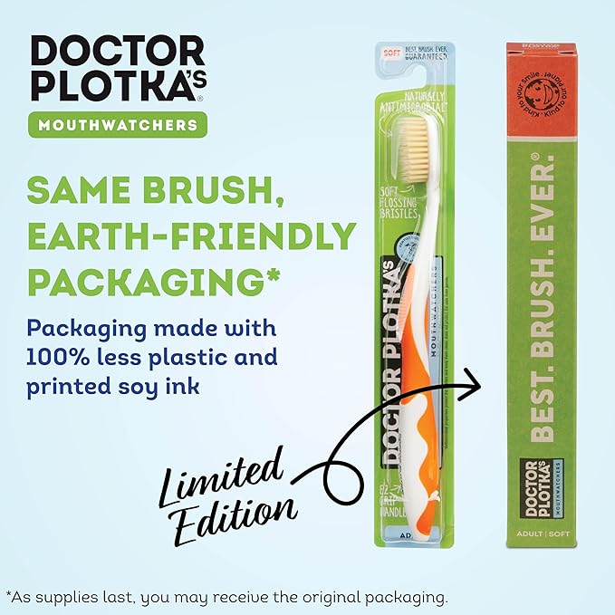 MOUTHWATCHERS Soft Flossing Toothbrushes, Value Pack of 4, Orange, Manual Toothbrush for Adults, Ultra Clean, Good for Sensitive Teeth and Gums, by Dr. Plotka's-Ruum Studio Home