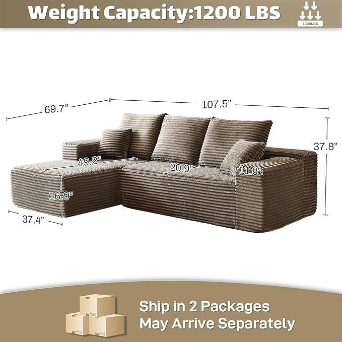HYJT-H&K Modular Sectional Sofa Cloud Couch, 107" Comfy L Shaped Sectional Couches for Living Room, Deep Seat Memory Foam Plush Fluffy Corduroy Boneless Couch Sectionals Left Facing Sofa Chaise Brown-Ruum Studio Home