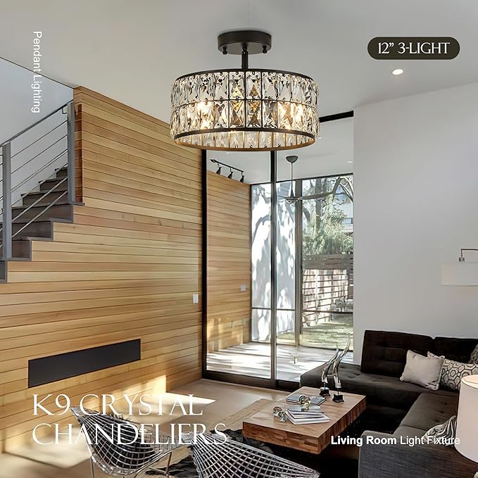 12” 3-Light Modern Crystal Chandeliers Black Dinning Room Light Fixture with Two Poles, Round Pendant Light Kitchen Island Chandelier, Flush Mount Ceiling Light for Living Room Entryway-Ruum Studio Home