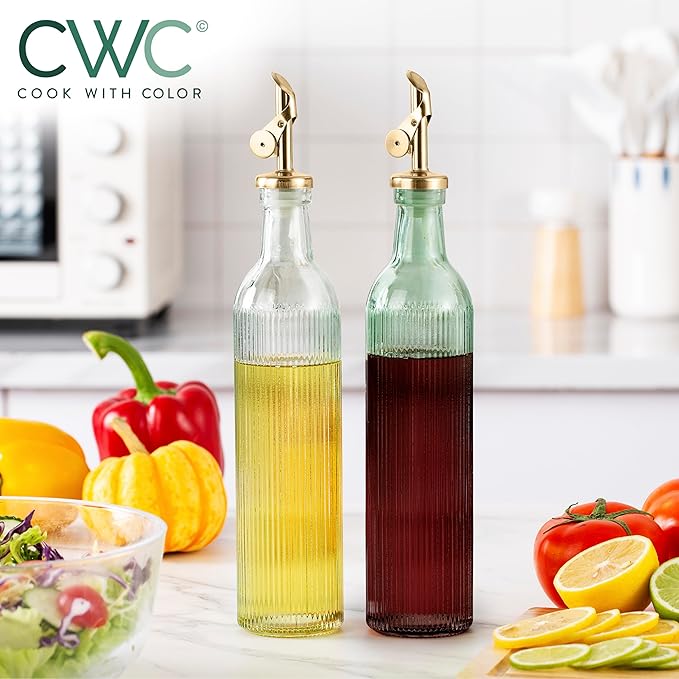 COOK WITH COLOR Glass Olive Oil Bottle Dispenser - 2 Pack- 17oz Oil and Vinegar Cruet - Olive Oil Carafe Decanter for Kitchen-Ruum Studio Home